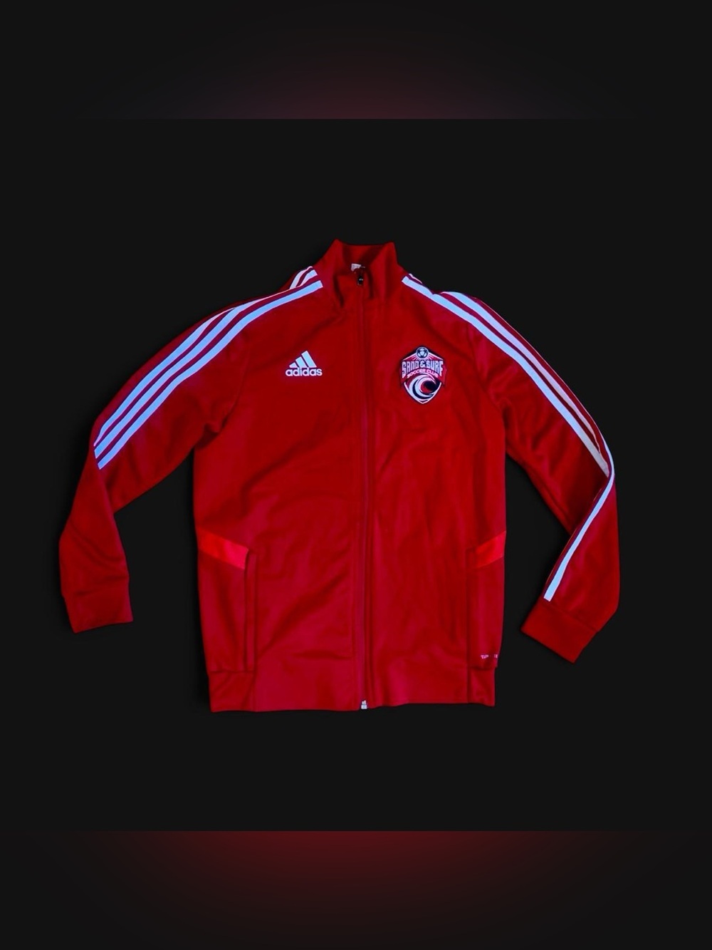 adidas Kids Red Full-Zip Track Jacket with White Stripes